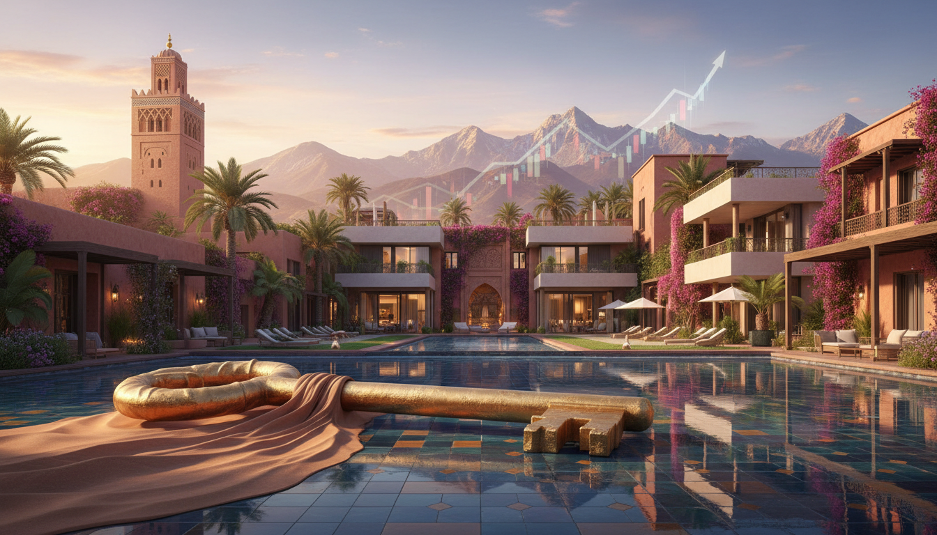 Villa de style kasbah a Marrakech au crepuscule, piscine eclairee et sommets de l Atlas