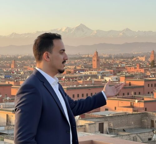 Dari, fondateur de Dar'Investa, face aux toits de Marrakech et à l'Atlas