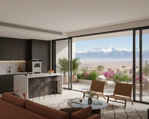 Séjour et terrasse d'un appartement contemporain à Marrakech avec vue sur l'Atlas