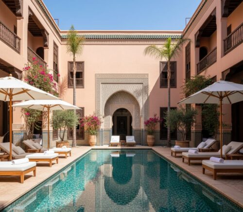 Patio de riad de luxe avec piscine, parasols et porte sculptée à Marrakech