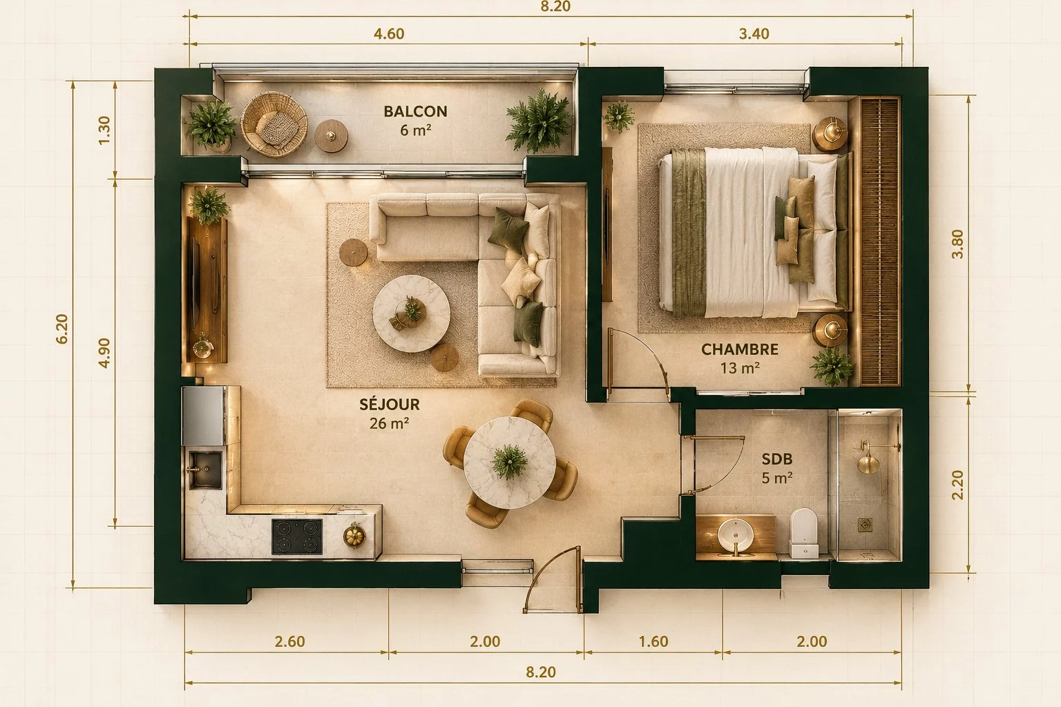 Plan 2D d'aménagement d'un appartement T2