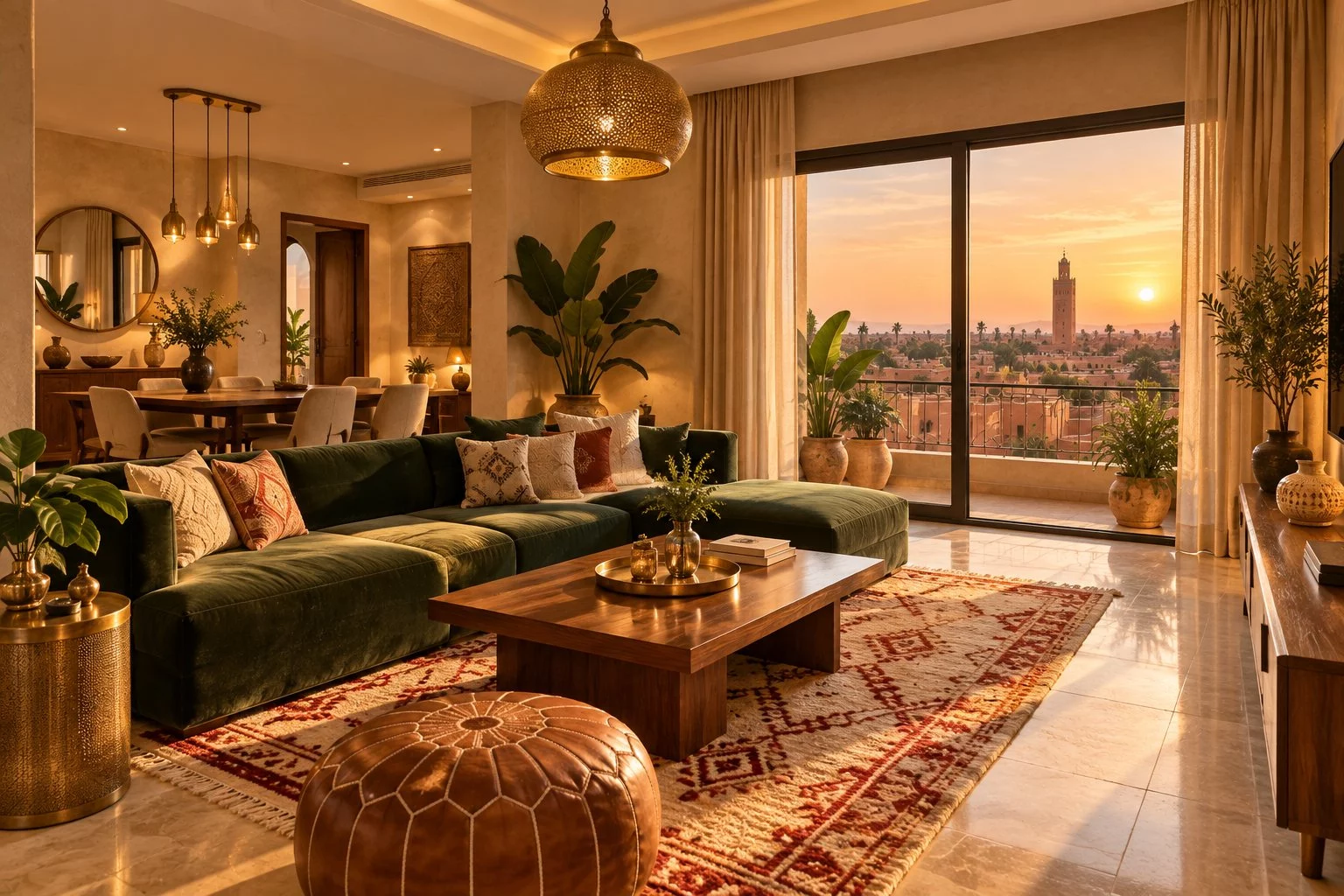 Rendu 3D d'un séjour meublé avec vue sur la Koutoubia