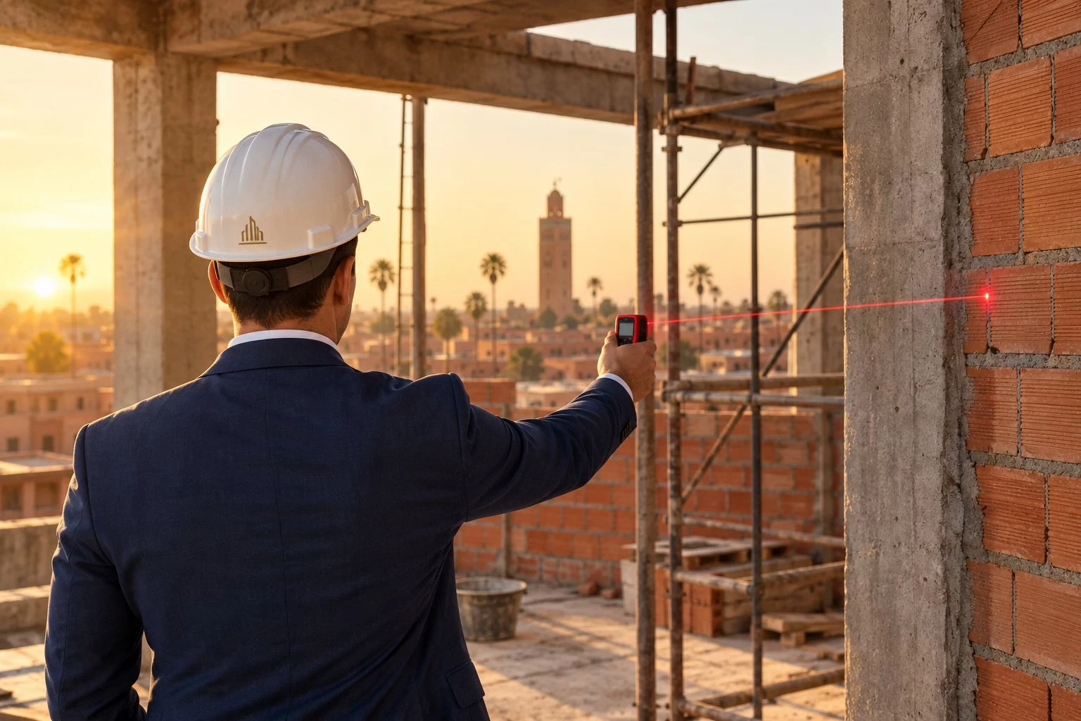 Mesure au laser-mètre sur un chantier à Marrakech